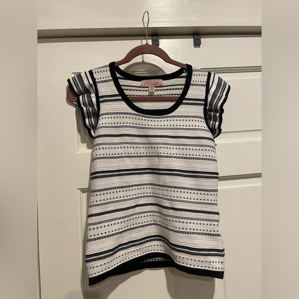 Philosophy White Sweater Blouse with Ruffle Sleeves and Black and White Stripes